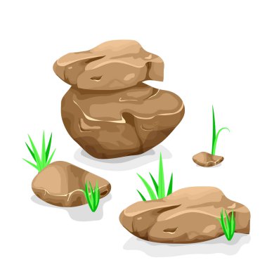 Vektör Illustration bir dizi ayrı karikatür kayalar, taşlar ve çeşitli şekillerde taşlar, çim bıçakları ile, doğal manzara ve oyun arayüzü sahneleri doldurmak için.