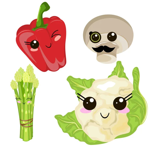 Αστεία καρτούν χαριτωμένο λάχανο, κόκκινο ώριμο πιπέρι, πράσινο χυμό, μανιτάρι. — Διανυσματικό Αρχείο