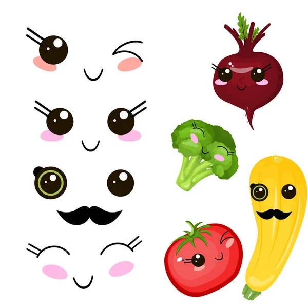 Desenhos animados engraçados beterraba bonito, repolho e tomate maduro. Cara engraçada — Vetor de Stock