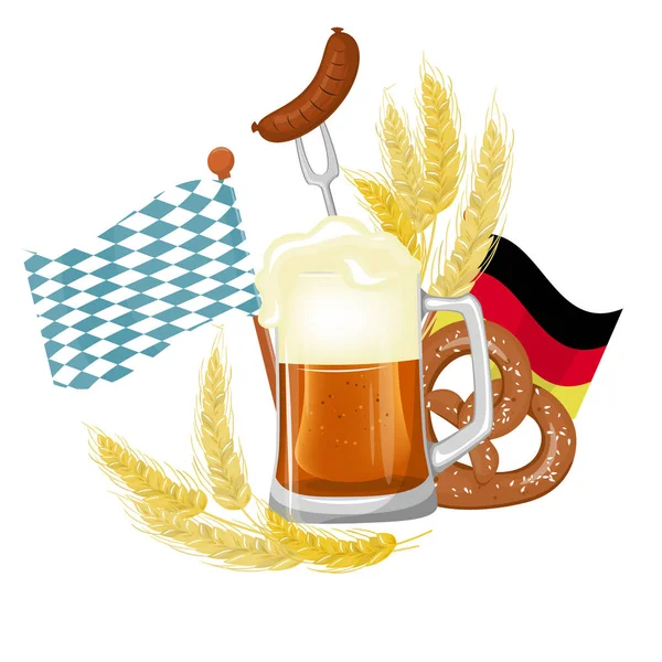 Cartel del festival Oktoberfest, salpicadura de cerveza con pretzel y trigo aislado — Archivo Imágenes Vectoriales