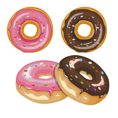Beyaz arka planda izole edilmiş renkli çörekler. Top View Donutları koleksiyonu menü tasarımı, kafe dekorasyonu, teslimat kutusu için jöleye dönüşür.