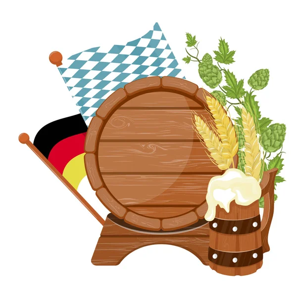 Emblema de dibujos animados con vasos de cerveza, barril de madera. Aislado sobre fondo blanco . — Archivo Imágenes Vectoriales