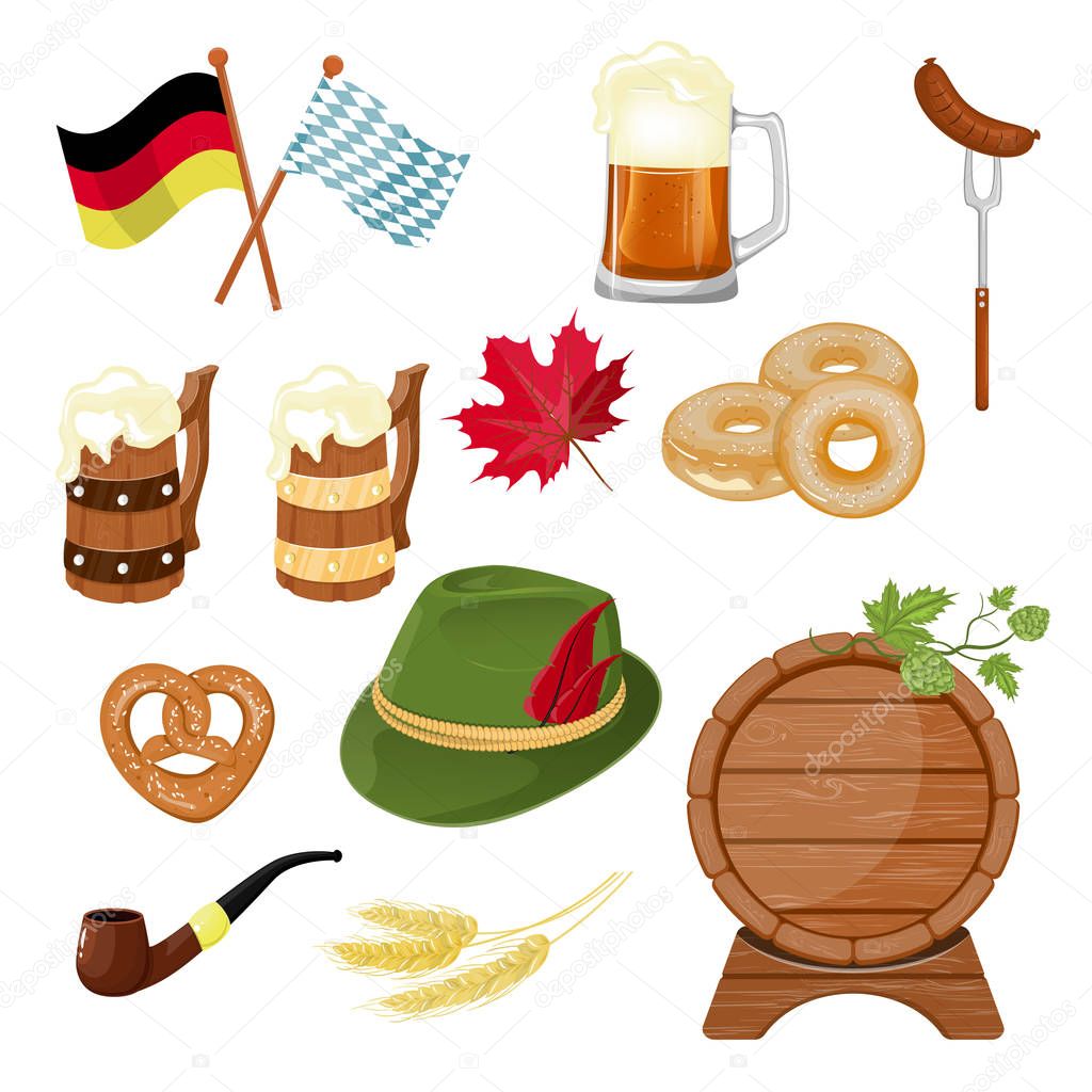 Colorful cartoon 18 oktoberfest elements set. Beer festival collection. Autumn festive vector illustration for icon, sticker, patch, label, badge.