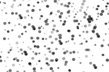 Dinamik, soyut bir kompozisyon koyu gri dairesel şekiller ve noktalar yoğun bir şekilde dağılmış beyaz bir zemin üzerinde.