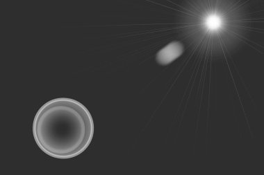 Karanlık, minimalist bir uzay sahnesinde sol altta parlak halkalı bir gezegen ve sağ üstte belirgin bir mercekle parlayan parlak bir yıldız yer alır..