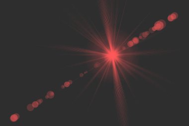 Canlı kırmızı bir yıldız patlaması ışık çizgileri ve bokeh daireler oluşturarak karanlık, dokulu bir arka plana karşı dinamik bir soyut etki yaratır..