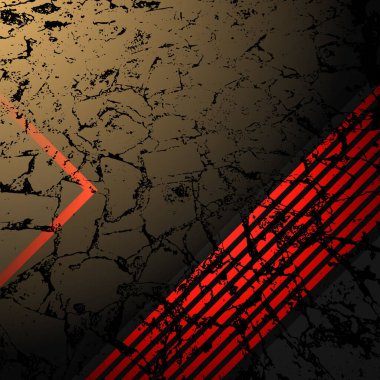 Karanlık, dokulu bir yüzey dramatik kırmızı ve turuncu geometrik ışık desenleriyle aydınlanır ve soyut, dengesiz bir atmosfer yaratır..