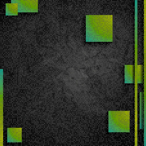 Yeşil ve mavi geometrik kareler ve dikdörtgenler ince çizgiler ve desenlerle koyu dokulu bir zemin boyunca dağılmış..