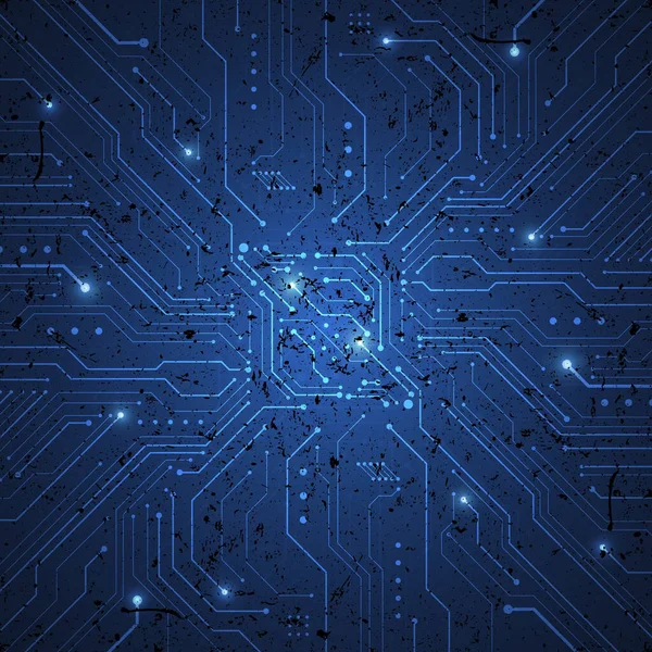 Karmaşık yolları ve parlayan ışık aksanları olan karmaşık mavi bir devre kartının ayrıntılı ve soyut bir görüntüsü.