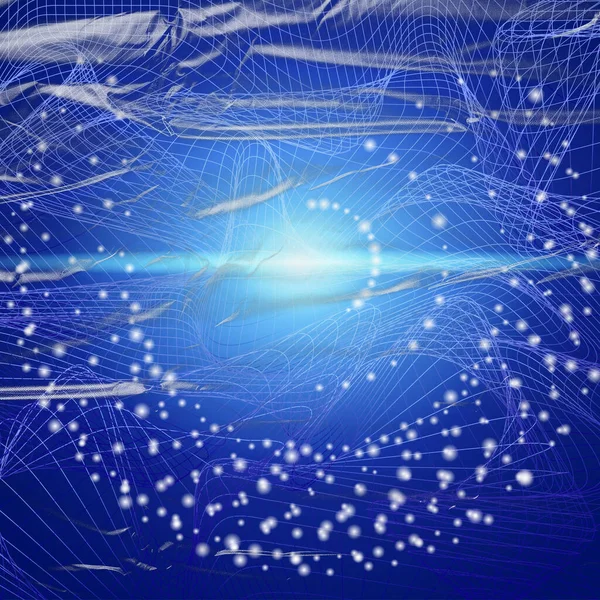 Mavi ışık ve dijital parçacıklardan oluşan girdap yatay ışık çizgileriyle parıldayan parlak bir merkezden çıkar..