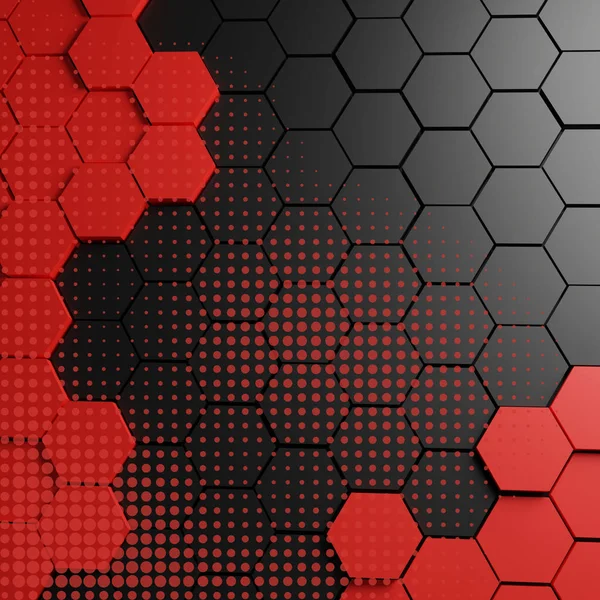 Kırmızıdan siyah altıgen şekillere ve ince noktalı dokuya sahip çarpıcı soyut bir arkaplan.