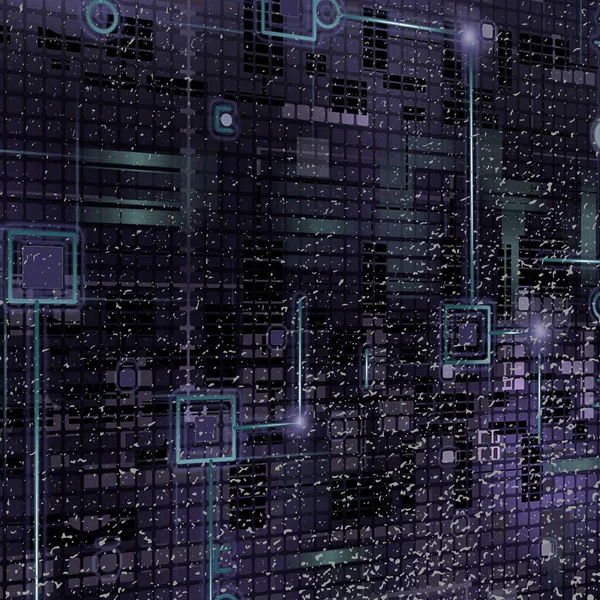 Koyu, soyut bir dijital ağ. Parlak çizgilerle kare düğümleri birleştiriyor. Teknolojik bir alanda veri akışı ve bağlantı öneriyor..