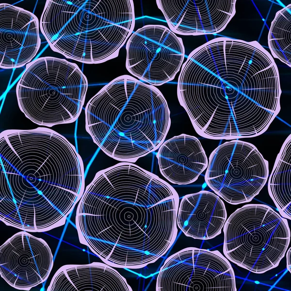 Biyolojik ya da dijital bir ağı andıran mavi ve mor enerjiyle parlayan birbirine bağlı dairesel biçimlerin yakın, soyut bir görüntüsü.