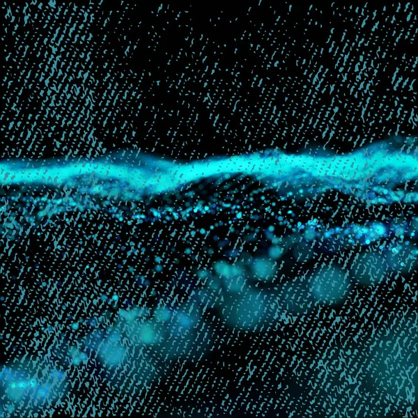 Parlak turkuaz bir ipliğin detaylı makro çekimi koyu kotun üzerine dikilmiş, ince bir parıltı ve doku ile.