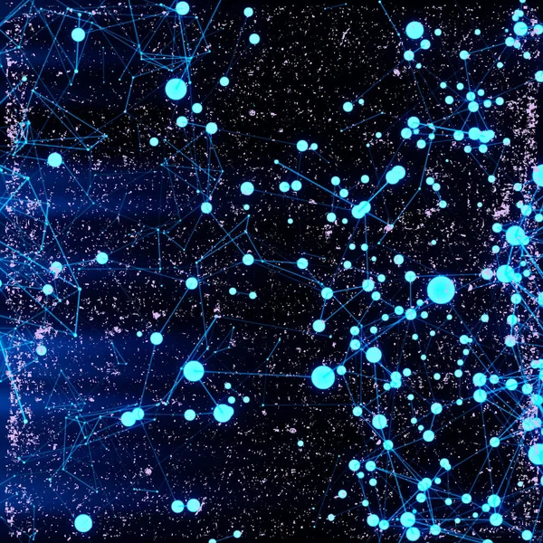 Karmaşık, soyut bir dijital ağ sayısız parlayan mavi ışık ve karmaşık çizgiler ile koyu, dokulu arka plan.