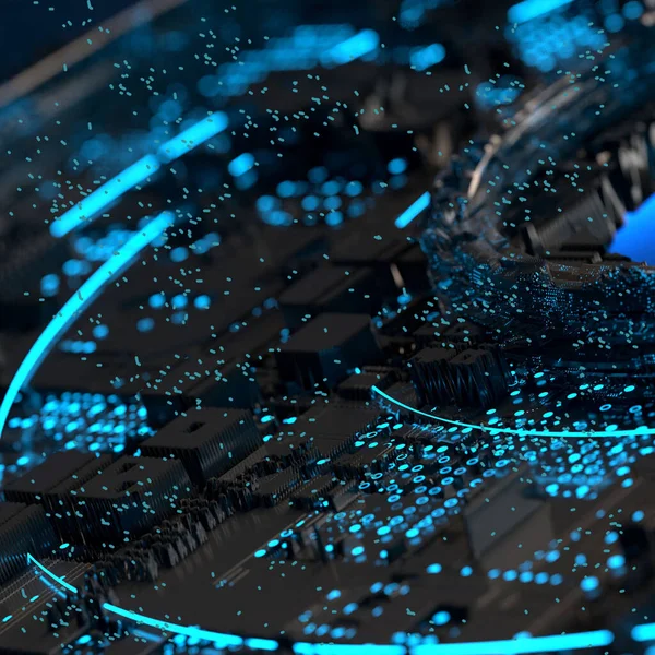 Karanlık, dokulu bir arka plan, parlak mavi çizgiler ve dağınık parlak ışıklarla aydınlatılarak soyut, fütürist bir his yaratır..