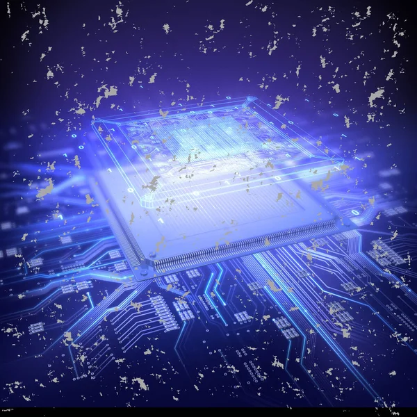 Parlak mavi bir mikroçip, karmaşık devreler ve parıldayan dijital kıvılcımlarla aydınlatılarak ileri teknoloji ve veri akışının.