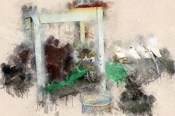 Kedi eski masanın altında uyur. Akrilik mürekkep.