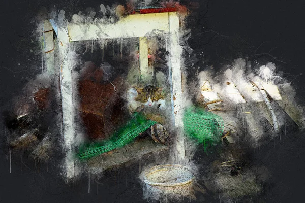 Kedi eski masanın altında uyur. Akrilik mürekkep.