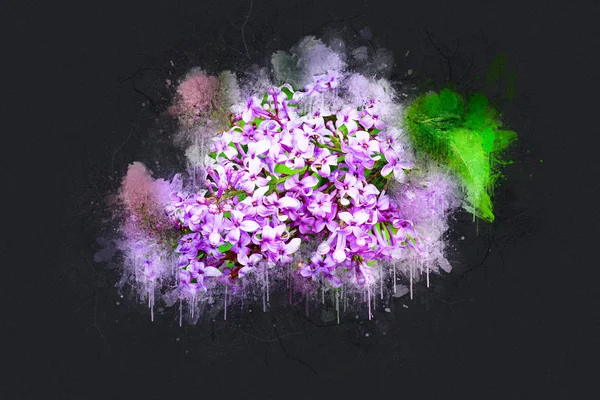 Çiçekli bahar parlak leylak. Akrilik mürekkep.