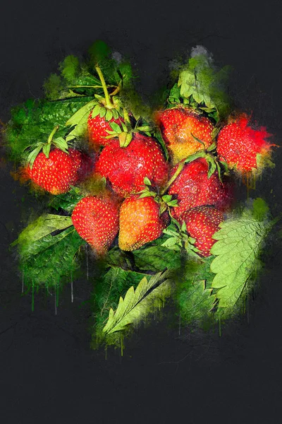 Yeşil yaprakları üzerinde sulu olgun çilek. Akrilik mürekkep