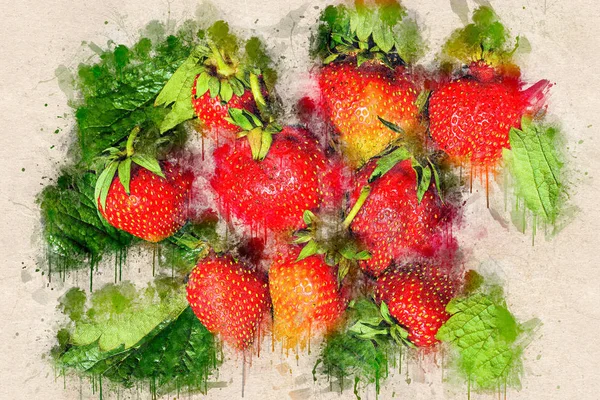 Yeşil yaprakları üzerinde sulu olgun çilek. Akrilik mürekkep