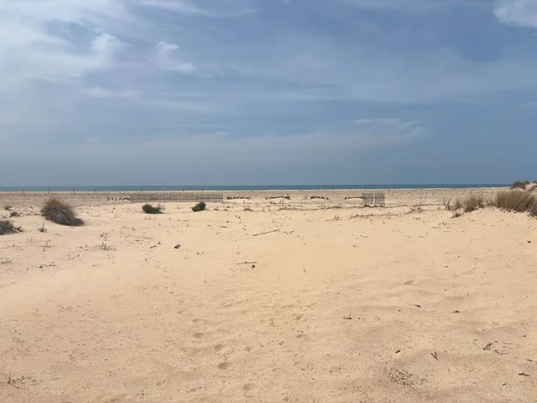İspanya 'nın San Fernando kentindeki Playa de Camposoto plajı, Endülüs' ün Costa de la Luz bölgesindeki Sancti Petri adasının 9 km 'lik altın kum, Atlantik suları, korunan kum tepeleri, 2. Dünya Savaşı sığınakları ve kıyı manzarasını gösteriyor..