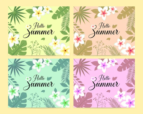 带五颜六色的热带树叶和花朵的夏日卡片模板的矢量集 传单的手写文字题词 — 图库矢量图片