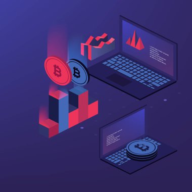 Cryptocurrency ve blockchain. Bitcoin araştırma grubu. Dijital para oluşturma. Açılış sayfası, web tasarım, afiş ve sunum için kavram. 3D izometrik düz tasarım. Vektör çizim