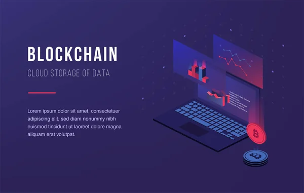 Cryptocurrency ve blockchain. Bitcoin araştırma grubu. Dijital para oluşturma. Açılış sayfası, web tasarım, afiş ve sunum için kavram. 3D izometrik düz tasarım. Vektör çizim