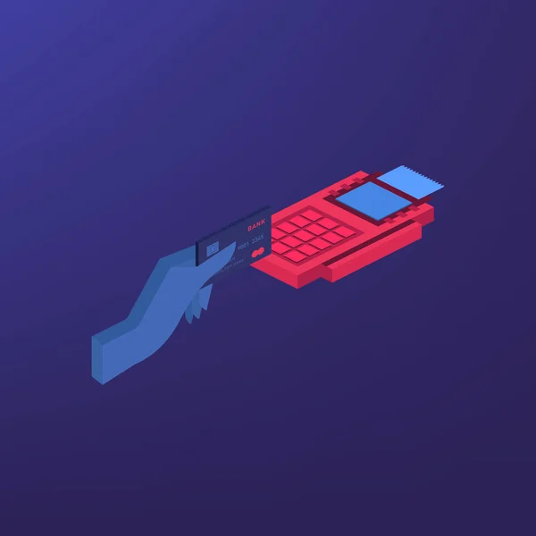 Isometrische Pos terminal bevestigt de betaling door automatische incasso, creditcard. Vectorillustratie in platte ontwerp. NFC betalingen concept. — Stockvector