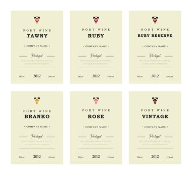 Porto şarabı etiket. Vektör sigorta primi şablon kümesi. Temiz ve modern tasarım. Towny, Ruby, rezerv, Branco, Rose, Vintage. Kırmızı şarap. Beyaz şarap. Ulusal Portekizli şarap.