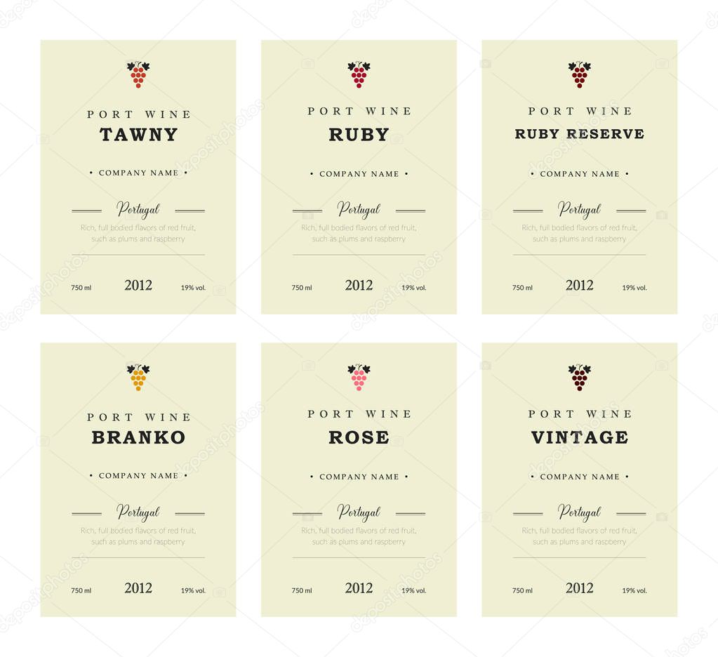 Port wine labels. Vector premium template set. Clean and modern design. Towny, Ruby, Reserve, Branco, Rose, Vintage. Red and White wine. National Portuguese Wine