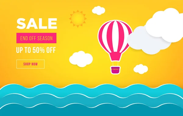 Sale banner template design. Web banner with hot air balloon, sea, sun, clouds for your site. Modern gradient style. Home page concept with text space background. — Stock Vector