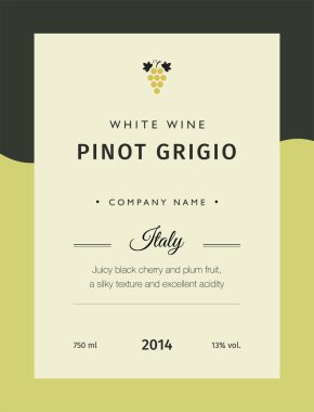 Bir şişe şarap, gözlük ve üzüm demet etiketi. En iyi kalite üzüm çeşitleri ve premium şarap markaları Etiketler Amblemler vektör illüstrasyon izole. Beyaz şarap etiket Pinot grigio
