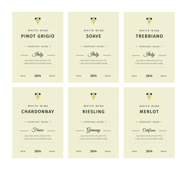 Colección especial variedades de uva de la mejor calidad y marcas de vino premium etiquetas emblemas abstracto ilustración vectorial aislado. Set de etiquetas de vino blanco . — Vector de stock