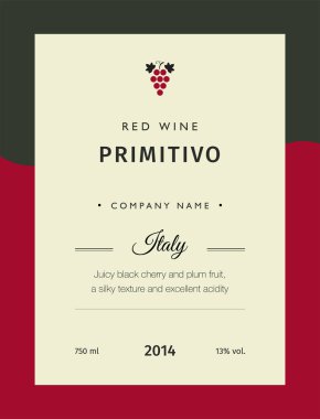 Kırmızı şarap etiketleri. Vektör sigorta primi şablon kümesi. Temiz ve modern tasarım. İtalya kırmızı şarap etiket Primitivo.