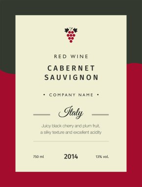 Kırmızı şarap etiketleri. Vektör sigorta primi şablon kümesi. Temiz ve modern tasarım. İtalya kırmızı şarap etiket Cabernet.