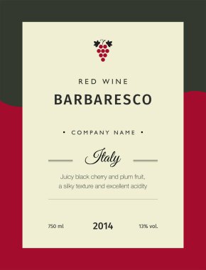 Kırmızı şarap etiketleri. Vektör sigorta primi şablon kümesi. Temiz ve modern tasarım. İtalya kırmızı şarap etiket Barbaresco.