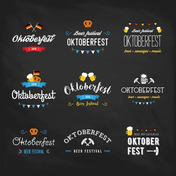 Oktoberfest beer festival lettering typography set celebration retro typographic design templates labels, badges and logos. Colorful poster. Composition with pretzels, beer, sausage and flag. — Stock Vector
