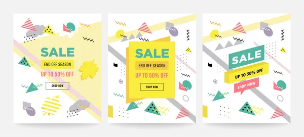 Memphis style sale cards design sammlung von bunten schablonen mit geometrischen formen, muster mit trendiger memphis mode der 80er-90er jahre. perfekt für Werbung, Einladung, Präsentation. — Stockvektor