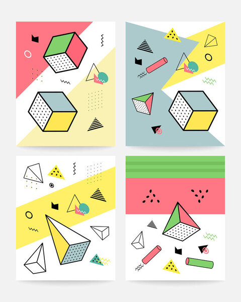 Карты в стиле мемфис Дизайн колоритных соблазнов с геометрическими рисунками, узоров с триумфальными мемфисами моды 80-90-х годов. Идеально подходит для рекламы, приглашения, презентации Изолированные векторные иллюстрации.