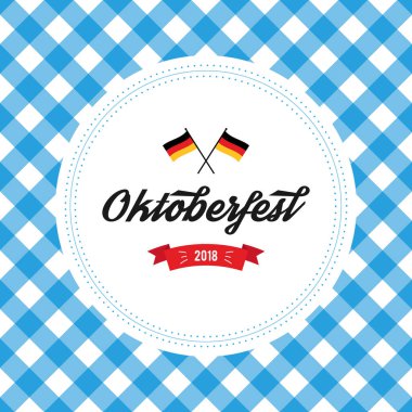 Oktoberfest poster vektör çizim mavi beyaz bayrak arka plan üzerinde taze lager bira ile. Kutlama flyer şablonu için geleneksel Alman Bira Festivali.
