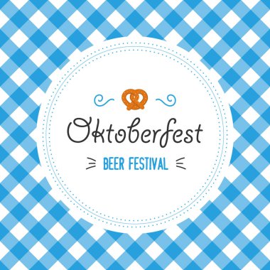 Oktoberfest poster vektör çizim mavi beyaz bayrak arka plan üzerinde taze lager bira ile. Kutlama flyer şablonu geleneksel Alman bira festivali için. Simit ve bayrak.