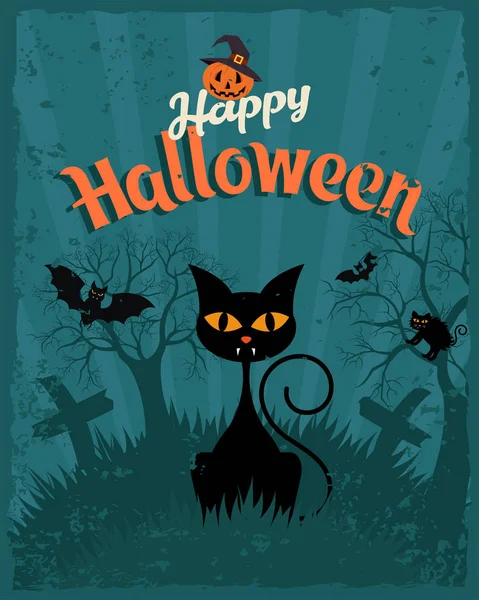 Joyeux Poster Vintage Halloween Chauve Souris Araignée Jolie Citrouille Dans — Image vectorielle