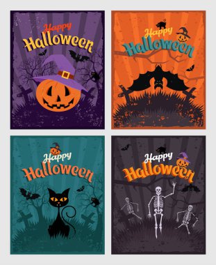 Cadılar Bayramı davetiyesi veya tebrik kartları ayarlayın. Retro vintage tasarım öğeleri ve işaretler, yazı ve karakter kümesi. Yarasa ve iskelet, kabak, mezarlığın gece arka plan üzerinde siyah kedi.