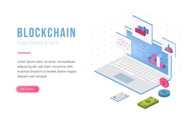 Cryptocurrency Satım ve blockchain izometrik kompozisyon. Sayfa şablonu ve infographics vektör çizim açılış için iyi.