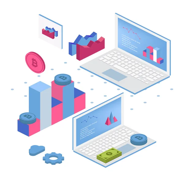 Tecnología financiera diagrama de flujo con ingresos básicos minería criptomoneda blockchain inicio unicornio criptomoneda dinero elementos decorativos vector isométrico ilustración . — Vector de stock