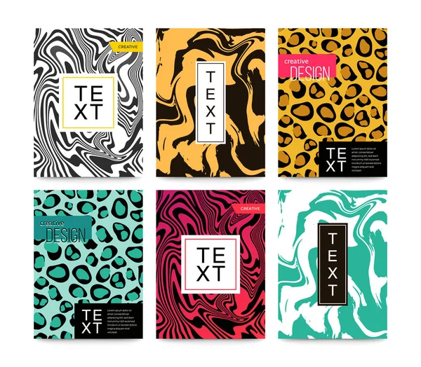 Animal patterns set zebra, leopard, snake, tiger, snow leopard. Marble texture. Fluid art. For design covers, presentation, invitation, flyers, annual reports, posters and business cards. — Stock Vector