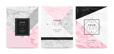 Soyut geometrik desenler posterler krem, açık gri, pastel pembe ve mermer doku arka plan ayarlayın. Vektör trendy geometrik posterler. Davetiye kartı veya poster tasarım şablonu